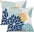 Dark Blue and Light Green Floral Pillow Covers 18x18 Set of 2 Outdoor Pillows Covers Waterproof Summer Pillowcovers Polyester Cushion Case Decor for Couch Patio Funiture Garden Porch 01T18
