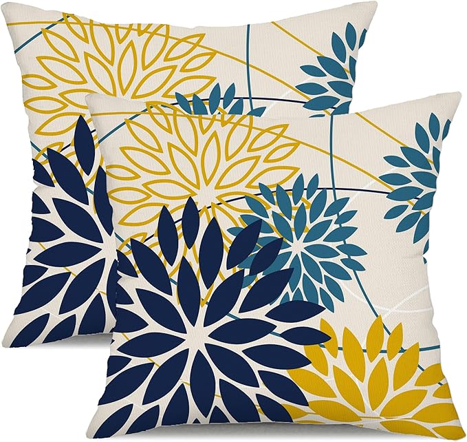 Blue Yellow Flower Pillow Covers 18x18 Inch Set of 2 Outdoor Throw Pillows Outdoor Waterproof Decor for Living Room Sofa Patio Funiture Garden Floral Polyester Pillow Covers 01P18