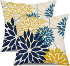 Blue Yellow Flower Pillow Covers 16x16 Inch Set of 2 Outdoor Throw Pillows Outdoor Waterproof Decor for Living Room Sofa Patio Funiture Garden Floral Polyester Pillow Covers 01P16