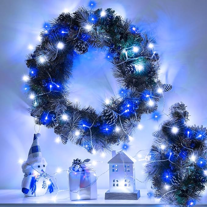 120 LED Blue White Christmas Lights Outdoor, 40ft Clear Wire Christmas Tree Lights 8 Modes, Plug in Waterproof Twinkle Fairy Lights for Indoor Christmas Bedroom Tree Decorations