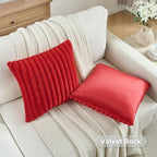 FUTEI Red Striped Decorative Throw Pillow Covers 24x24 Inch Set of 2,Square Winter Decorations Couch Euro Pillow Case,Soft Cozy Faux Rabbit Fur & Velvet Back,Modern Home Decor for Bed