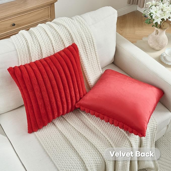 FUTEI Red Striped Decorative Throw Pillow Covers 22x22 Inch Set of 2,Square Winter Decorations Couch Pillow Case,Soft Cozy Faux Rabbit Fur & Velvet Back,Modern Home Decor for Bed