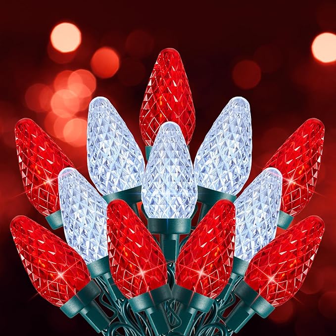 C9 Christmas Lights Outdoor, 100 FT 150 LED Connectable C9 String Lights with 8 Modes and Timer Xmas Tree Patio Roofline Garden Yard Holiday Party Indoor Outdoor Decoration, Red and White