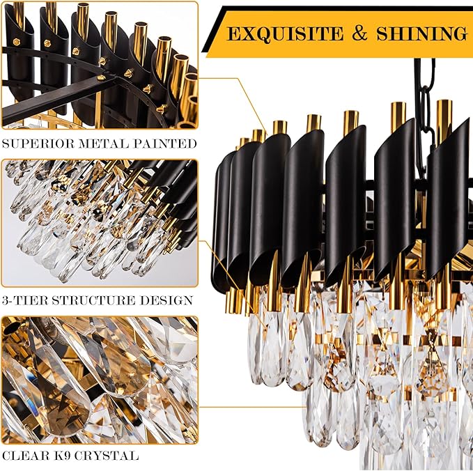 3-Tier Black Gold Crystal Chandelier 5-Light 15’’ Modern Crystal Pendant Chandelier Ceiling Light Fixture Hanging Lighting for Kitchen Island Dining Room Foyer Entryway Bedroom