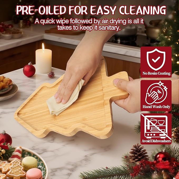 WILLKOMMEN Christmas Serving Tray, Bamboo Christmas Tree Serving Platter, Charcuterie Board Serving Dishes 11.8" x 8.7" for Party Cookie Fruit Tray Cheese Board Plate