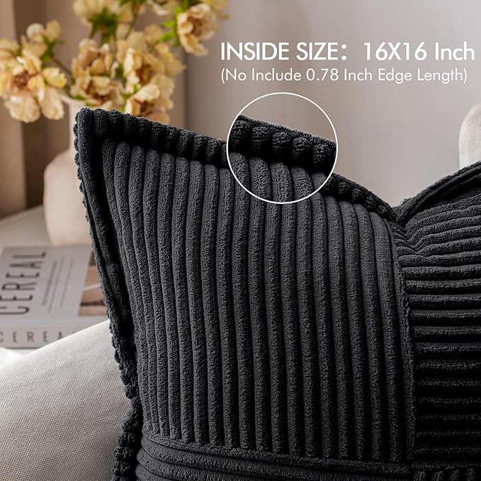 MIULEE Decorative Throw Pillow Covers for Couch Bed Livingroom 16x16 Inch Set of 2 Black Boho Accent Throw Pllows Broadside Striped Patchwork Soft Corduroy Pillowcases