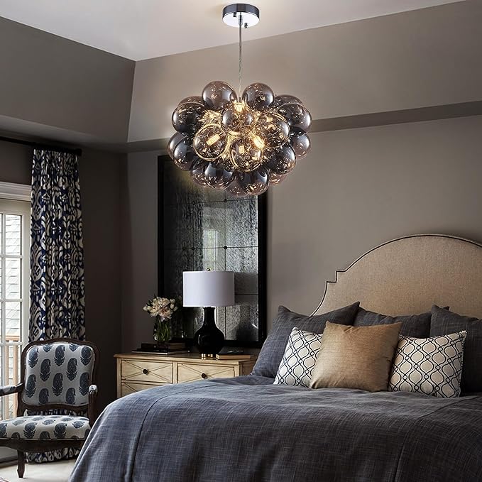 Longree Bubble Ball Chandelier Smoked Black, Dia 20 inch Oval Bubble Glass Pendant Light Fixture for Bedroom Study Bathroom