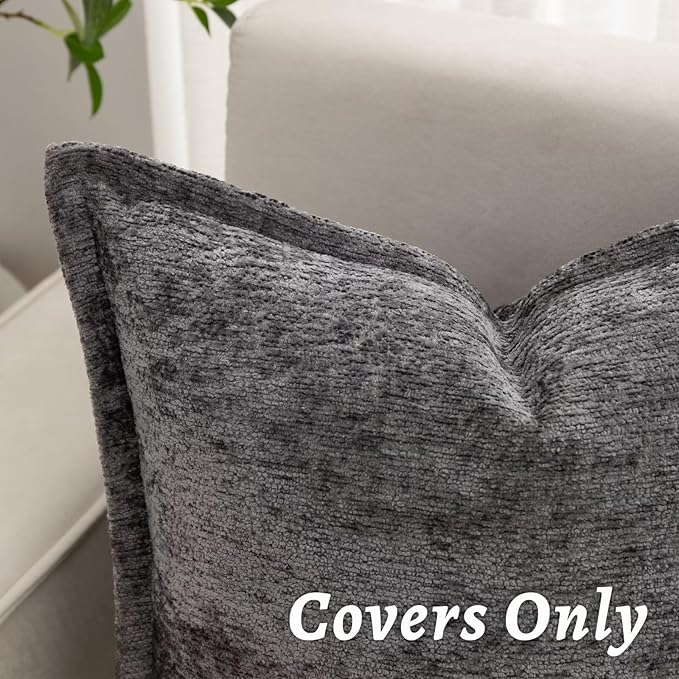 Grey Decorative Throw Pillow Covers 24x24 Inch Set of 2 Cozy Soild Chenille Cushion Cases Soft Textured Square Couch Pillows Cover Boho Accent Farmhouse Pillowcases for Sofa Bed