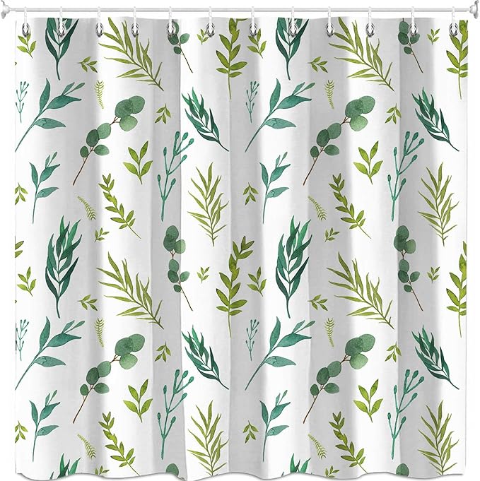 Green Leaves Shower Curtain, Watercolor Plant Floral Eucalyptus Leaf Bathroom Shower Curtain Sets, Botanical Decor Rustic Nature Art Boho Fabric Bath Curtain with Hooks 72x72 Inch