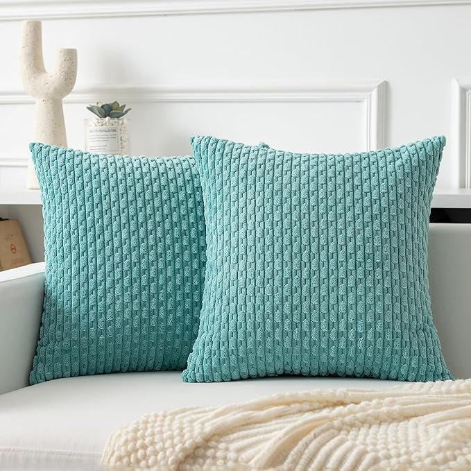 Kevin Textile Throw Pillow Covers Soft Corduroy Decorative Set of 2 Boho Striped Pillow Covers Pillowcases Farmhouse Home Decor for Couch Bed Sofa Living Room 16x16 Inch Aqua Green