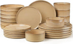 LIANYU 24 Piece Dinnerware Plates and Bowls for 6, Ceramic Elegant Stoneware Dishes Sets with Pasta Bowls, Modern Ribbed Dining Ware Dishware for Restaurant Wedding, Dishwasher Safe, Dune Khaki
