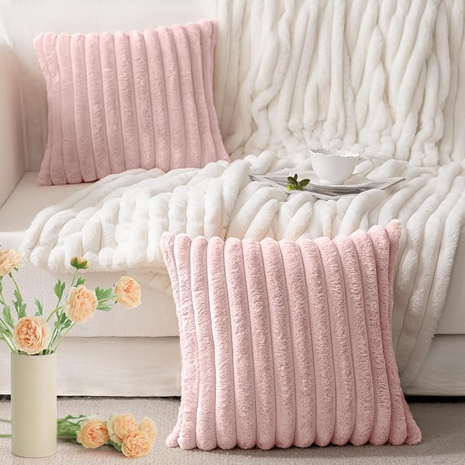 MOSAYT Spring Faux Fur Throw Pillow Covers 18x18, Set of 2, Plush Velvet Soft Pillow Case,Fluffy Striped Decorative Couch Pillow Covers for Sofa, Bedroom, Living Room(Pink)