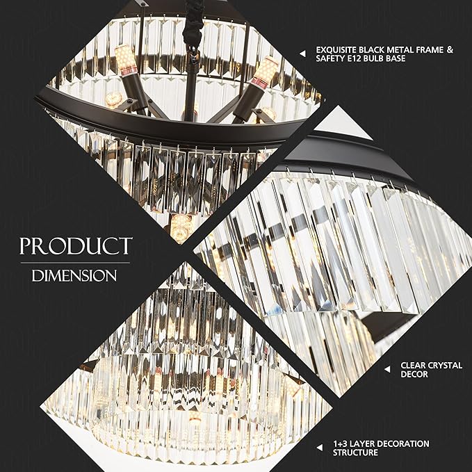 31.5" 18-Light Modern Crystal Chandelier Light Fixture Large 4-Tier Black Luxury Glam Chandeliers for Dining Room Round Hanging Pendant Lighting for Living Room Kitchen Bedroom Foyer Lobby