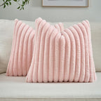FUTEI Pink Striped Decorative Throw Pillow Covers 24x24 Inch Set of 2,Square Winter Decorations Couch Euro Pillow Case,Soft Cozy Faux Rabbit Fur & Velvet Back,Modern Home Decor for Bed