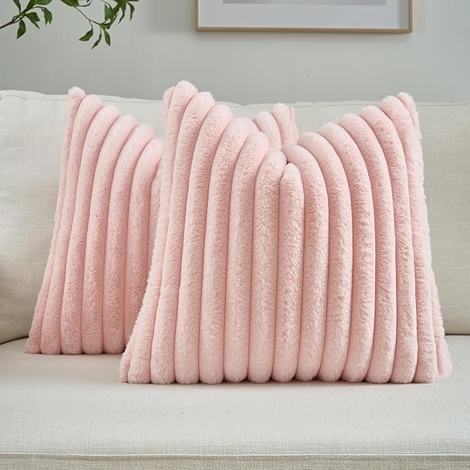 FUTEI Pink Striped Decorative Throw Pillow Covers 26x26 Inch Set of 2,Square Winter Decorations Couch Euro Pillow Shams,Soft Cozy Faux Rabbit Fur & Velvet Back,Modern Home Decor for Bed