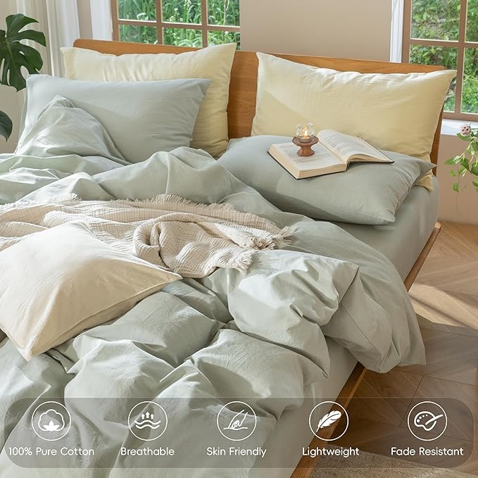 MooMee Bedding Duvet Cover Set 100% Washed Cotton Linen Like Textured Breathable Durable Soft Comfy (Heathered Sage Green, Alaska King 132"x120")