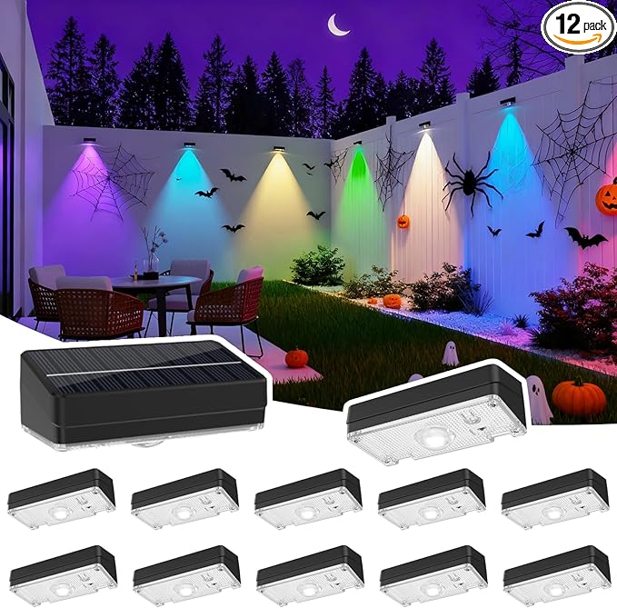 Solar Fence Lights,Fence Lights Solar Powered Waterproof IP65 Multicolor Led 12 Fixed Colors ＆RGB Color Changing for Pool, Deck, Patio, Porch, Stairs, Holiday (12)