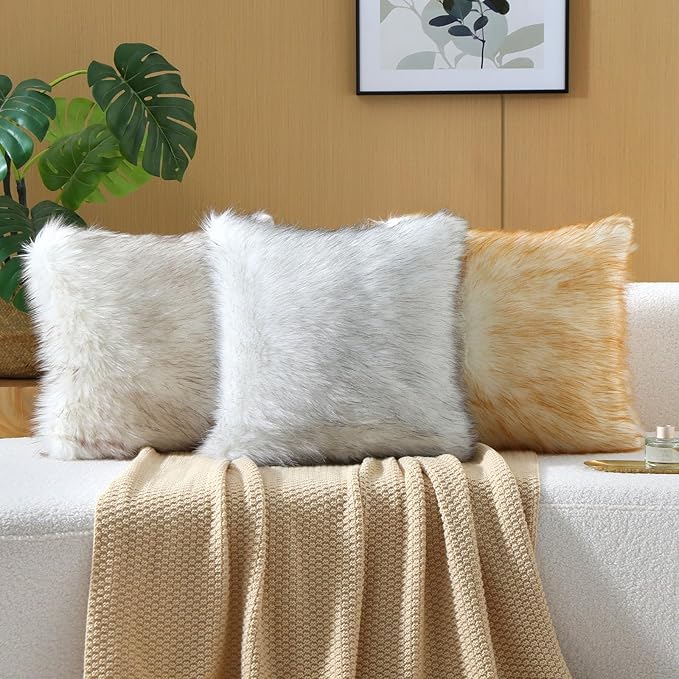 FUTEI Coffee White Decorative Throw Pillow Covers 16x16 Inch Set of 2,Soft Fluffy Faux Fox Fur Textured Cushion Case,Modern Home Decor for Couch Living Room