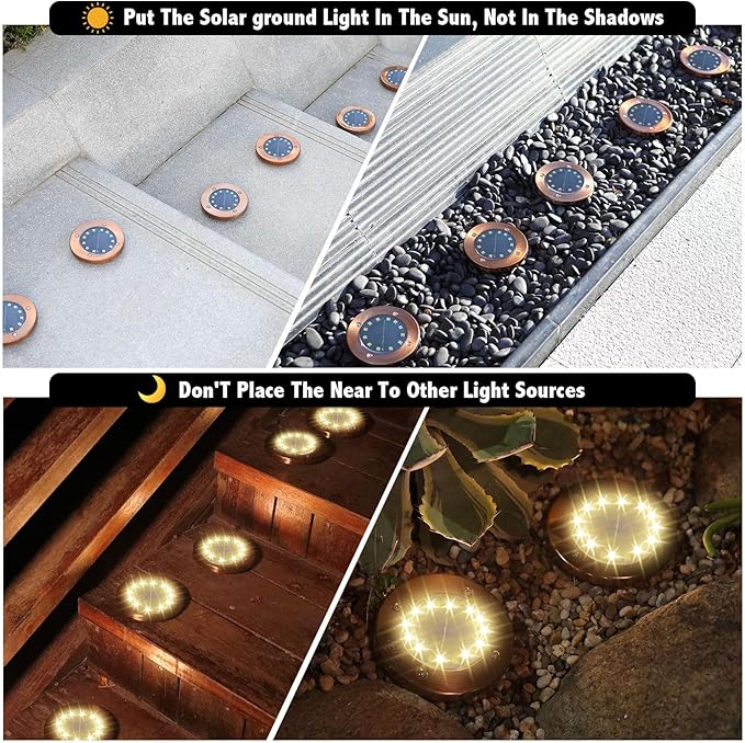 Solar Ground Lights Outdoor Waterproof Flat Garden Solar Disk Lights Floor 12 LED 16 Pack for Garden Patio Pathway Landscape Driveway Yard Path Decor