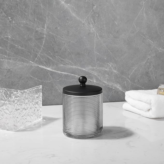 Glass Jar with Metal Lid for Bathroom Organization, Clear Apothecary Jar for Cotton Balls, Q Tips, and Small Accessories, Stylish Bathroom Storage Container Grey, Black