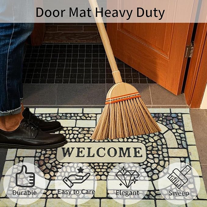 Door Mat Welcome Mat, Heavy Duty Door Mat 23.6 x 35.4 Inch Front Rug Doormat for Outdoor Entrance Home Non-Slip Rubber Rug for Front Door, Outside, Entryway, Patio (Yellow Welcome)