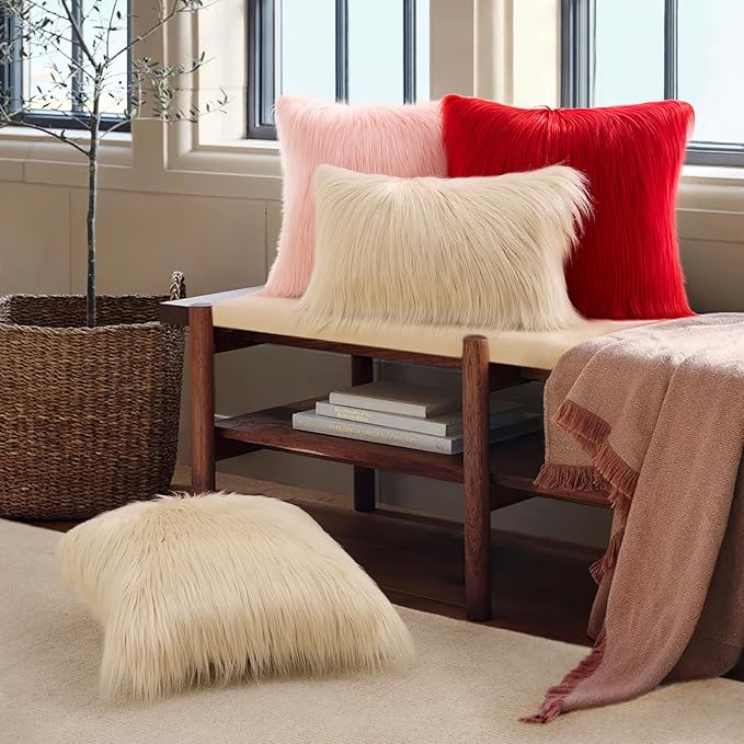 Phantoscope Pack of 2 Faux Fur Throw Pillow Covers Cushion Covers Luxury Soft Decorative Pillowcase Fuzzy Pillow Covers for Bed/Couch, Light Beige 18 x 18 Inches