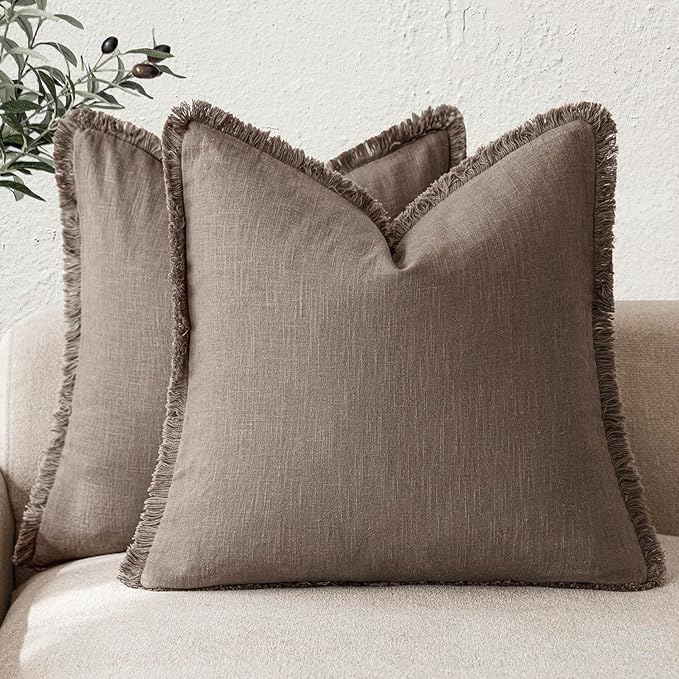 Foindtower Set of 2 Decorative Linen Fringe Throw Pillow Covers Cozy Farmhouse Cushion Cover with Tassels Accent Pillowcase for Couch Chair Sofa Bed Living Room Home Decor,22×22 Inch,Light Coffee