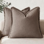 Foindtower Set of 2 Decorative Linen Fringe Throw Pillow Covers Boho Farmhouse Cushion Cover with Tassels Soft Accent Pillowcase for Couch Sofa Bed Living Room Home Decor,26×26 Inch,Light Coffee