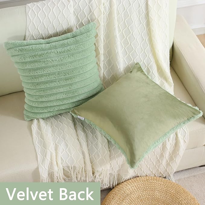 FUTEI Sage Green Striped Decorative Throw Pillow Covers 14x14 Inch Set of 2,Square Winter Decorations Couch Pillow Case,Soft Cozy Faux Rabbit Fur & Velvet Back,Modern Home Decor for Bed