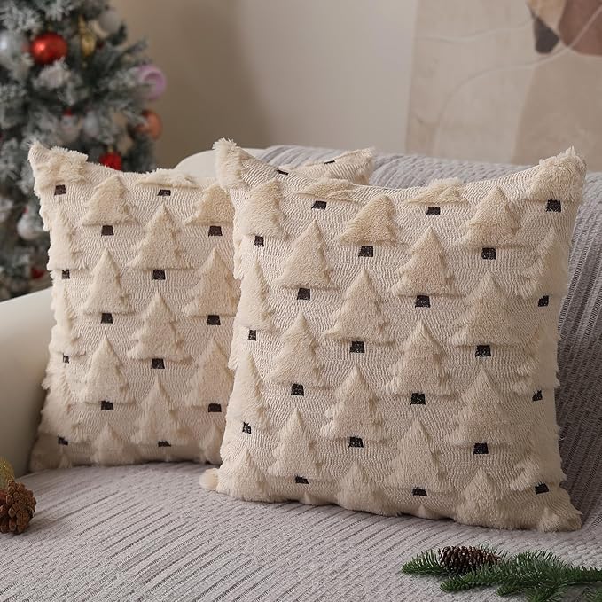 Christmas Pillow Covers 26x26 inch Set of 2 Christmas Decorations Soft Plush Faux Fur Wool Beige Xmas Tree Throw Pillow Cases Winter Holiday Decor for Sofa Living Room PT002C26