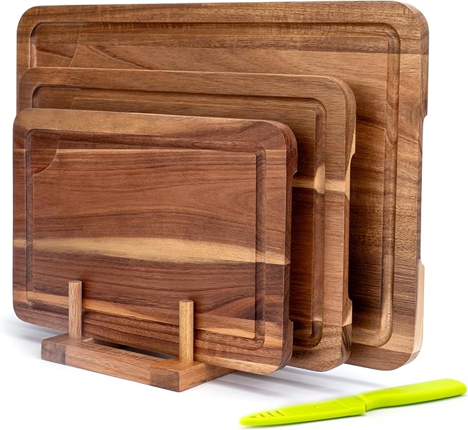 Wood Cutting Board For Kitchen, Wooden Cutting Board Set of 3 with Juice Groove, Double-Sided Chopping Board Serving Board for Meat, Vegetables and Cheese