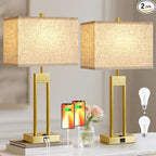 GyroVu 25.5" Nightstand Table Lamps for Bedrooms Set of 2, Bedside Lamp with USB C+A, 3 Colors Changeable Living Room Lamp, Modern Night Stand Lamps for Bed Side Guest Room Reading, Gold+White Shade