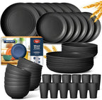 Teivio 48-Piece Kitchen Plastic Wheat Straw Dinnerware Set, Service for 12, Dinner Plates, Dessert Plate, Cereal Bowls, Cups, Unbreakable Outdoor Camping Dishes, Apartment Dinning Essentials,Black