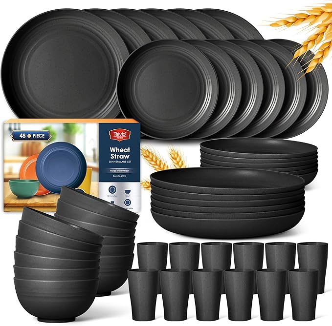 Teivio 48-Piece Kitchen Plastic Wheat Straw Dinnerware Set, Service for 12, Dinner Plates, Dessert Plate, Cereal Bowls, Cups, Unbreakable Outdoor Camping Dishes, Apartment Dinning Essentials,Black
