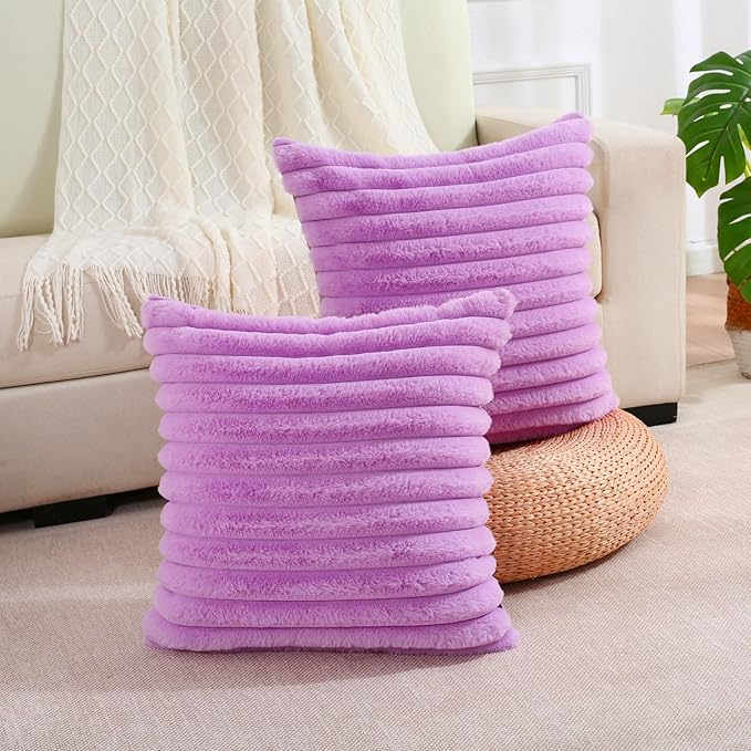 FUTEI Purple Striped Decorative Throw Pillow Covers 22x22 Inch Set of 2,Square Winter Decorations Couch Pillow Case,Soft Cozy Faux Rabbit Fur & Velvet Back,Modern Home Decor for Bed