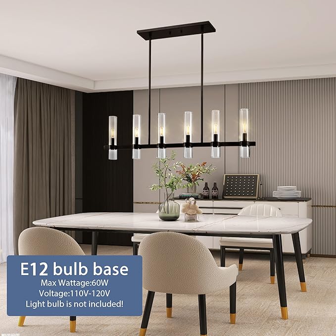 Untrammelife Modern Linear Island Light,6-Light Black Large Chandelier 36" W Rectangle Pendant Light with Clear Glass Shade,45 in Adjustable Rod Farmhouse Hanging Light Dining Room Kitchen Island