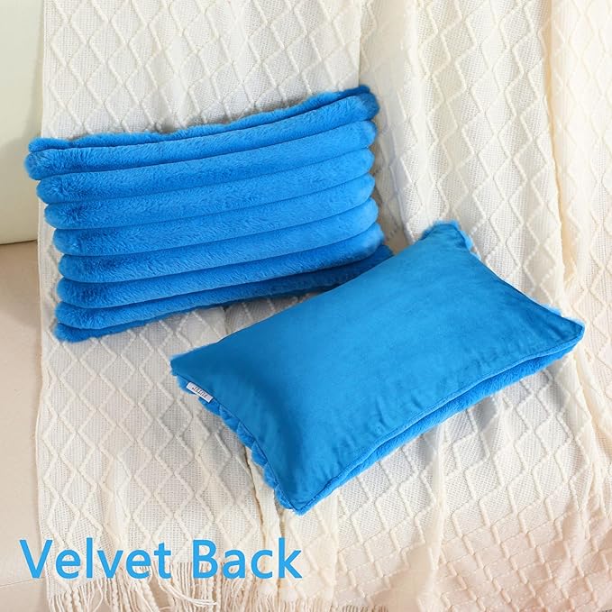 FUTEI Royal Blue Striped Decorative Throw Pillow Covers 12x20 Inch Set of 2,Rectangle Winter Decorations Couch Lumbar Pillowcase,Soft Cozy Faux Rabbit Fur & Velvet Back,Modern Home Decor for Bed
