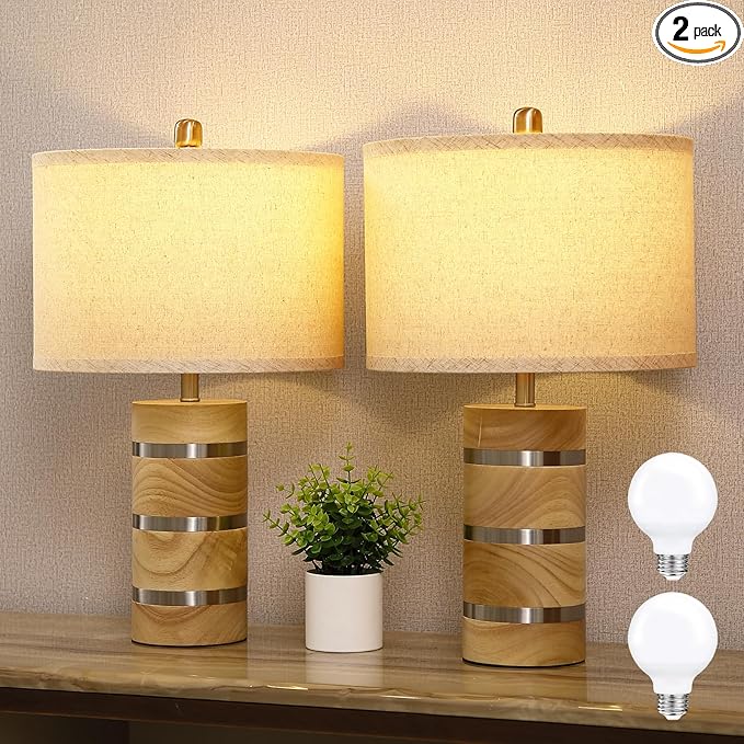 Retro Table Lamp,Farmhouse Nightstand Lamp,Rustic Wood Bedside Lamps,Desk Lamp for Bedroom Living Room Patio Hallway Hotel,UL Listed,Bulbs Included,Set of 2