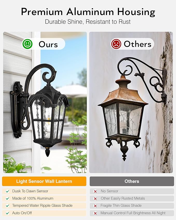 VIANIS Outdoor Wall Light, 16.9" Black Dusk to Dawn Outdoor Lighting with Gold Trim, Outside Light Fixtures Wall Mount with Tempered Water Ripple Glass for Patio, Entryway, Waterproof Anti-Rust