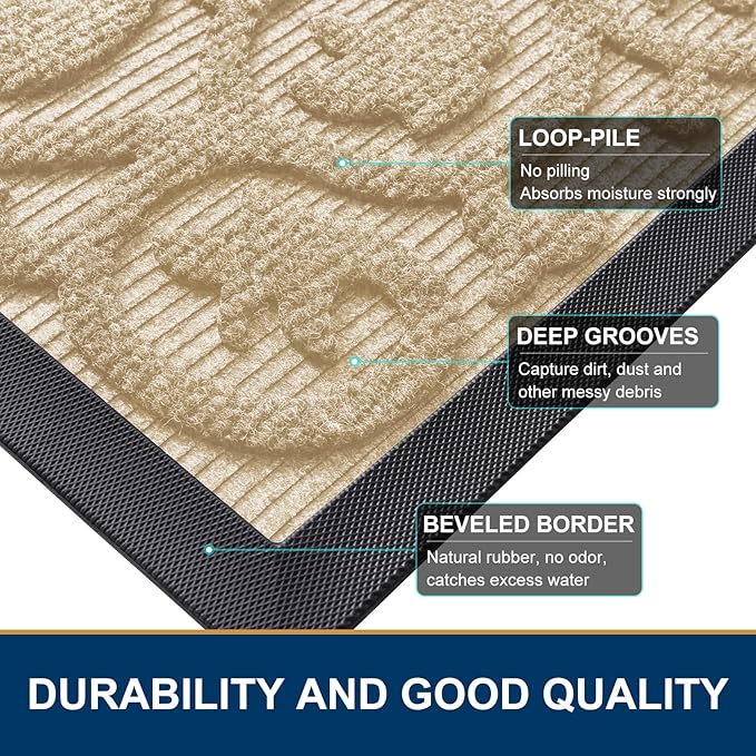 Smiry Welcome Door Mat Outside Entrance, Heavy Duty Trap Dirt and Moisture Easy Clean Low Profile Patio Porch Indoor Outdoor Front Doormat for Entry, 36x24 Inch, Beige/Welcome