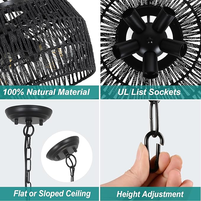 HMVPL Black Rattan Chandeliers for Dining Room, 5-Light Farmhouse Chandelier Light Fixture with Wicker Lampshade, Large Boho Coastal Hanging Pendant Lightting for Kitchen Island Bedroom Living Room