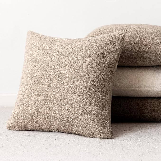 Foindtower Pack of 2, Curly Faux Fur Decorative Throw Pillow Covers Soft Fuzzy Plush Cushion Case with Zipper Cozy Pillowcase for Home Living Room Couch Bed Sofa 16 x 16 Inch, Beige