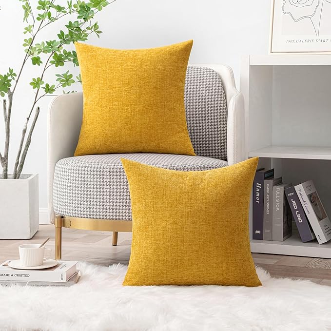 MIULEE Pack of 2 Mustard Yellow Throw Pillow Covers 20x20 Inch Soft Spring Chenille Pillow Covers for Sofa Living Room Couch Solid Dyed Cases