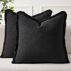 EMEMA Linen Fringe Throw Pillow Covers Set of 2 Boho Farmhouse Accent Decorative Pillowcase with Tassels for Couch Sofa Bed Living Room Home Decor 20x20 Inch,Black