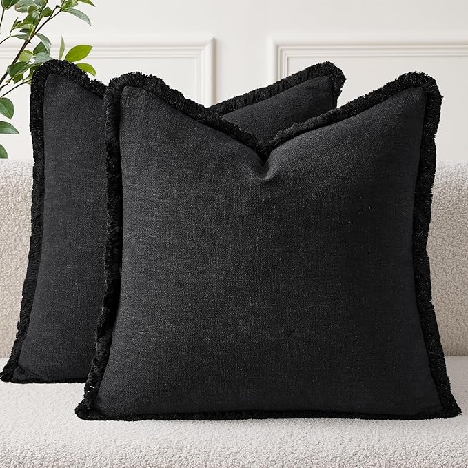 EMEMA Linen Fringe Throw Pillow Covers Set of 2 Boho Farmhouse Accent Decorative Pillowcase with Tassels for Couch Sofa Bed Living Room Home Decor 24x24 Inch,Black