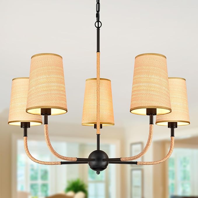 28" Black Boho Rattan Chandelier for Living Room 5-Light Coastal Boho Pendant Light Fixture Bedroom Adjustable Rustic Farmhouse Chandeliers for Dining Room Kitchen Island Foyer Entryway