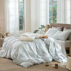 MooMee Gingham Duvet Cover Set 100% Washed Cotton Linen Like Textured Breathable Durable Soft Comfy Modern Checkered Design (Northern Droplet Grey Gingham, Oversized Queen 98"x98")