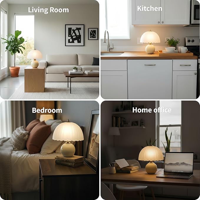 Mid Century Modern Table Lamp - Glass Mushroom Lamp with 3 Color Temps, 12" Vintage Bedside Lamp for Bedroom Living Room, Retro Desk Lamp with E26 Bulb