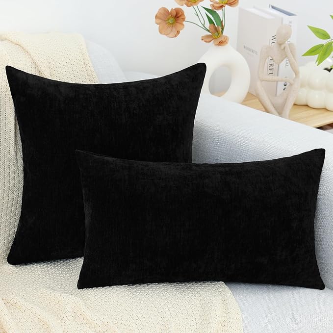 decorUhome Chenille Black Throw Pillow Covers 26x26 Inch Set of 2, Decorative Soft Couch Pillow Covers Solid Dyed Accent Velvet Farmhouse Neutral Square Pillow Cases for Sofa Bed Living Room