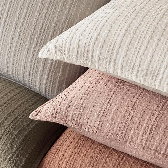 Foindtower Set of 2 Decorative Cotton Waffle Weave Throw Pillow Covers Euro Shams Cushion Covers Accent European Pillowcase for Bed Couch Sofa Bedroom Living Room Home Decor 22×22 Inch Dusty Pink